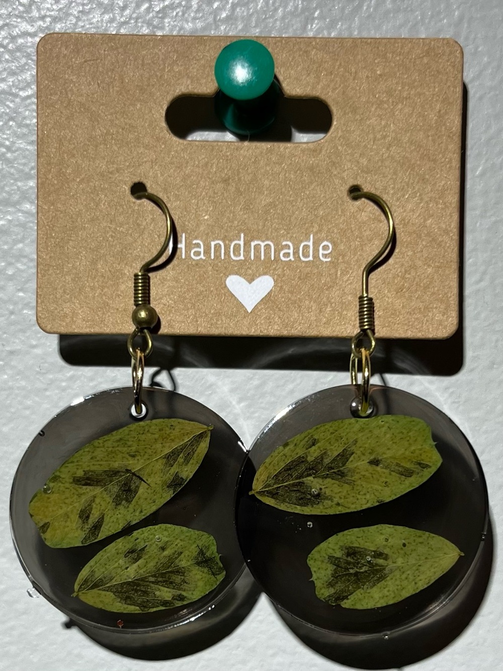 Handmade Resin Earrings with Pressed Green Leaves